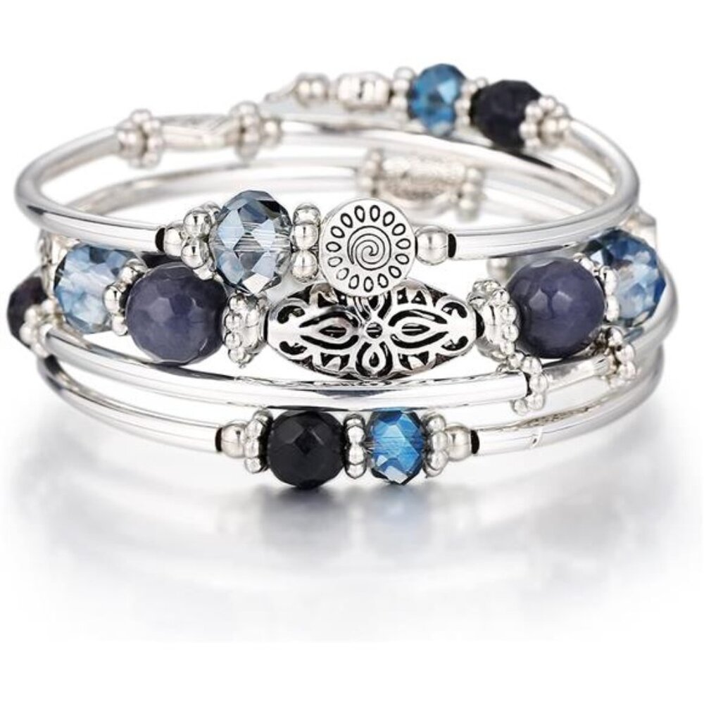 Boho beaded bracelet stack silver layered wrap crystal bangle fashion jewelry
